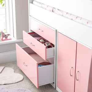 Bedmaster Lacy Midsleeper Bed Pink Drawers Open-Better Bed Company