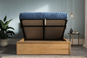 Nottinghamshire Solid Oak Ottoman Bed Open From Front-Better Bed Company
