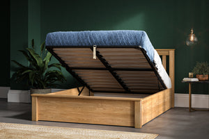 Emporia Beds Monaco Solid Oak Ottoman Bed From Front Open-Better Bed Company