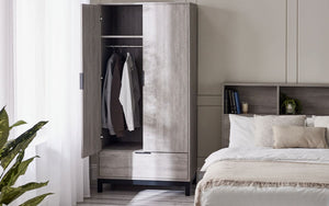 Julian Bowen Bali 2 Door 1 Drawer Wardrobe Grey Oak Door Open-Better Bed Company