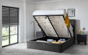 Julian Bowen Langham Scalloped Headboard Storage Bed Grey Open-Better Bed Company 