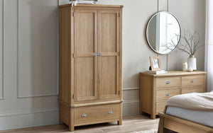 Julian Bowen Memphis Limed Oak 2 Door 1 Drawer Wardrobe Half Round Handles-Better Bed Company